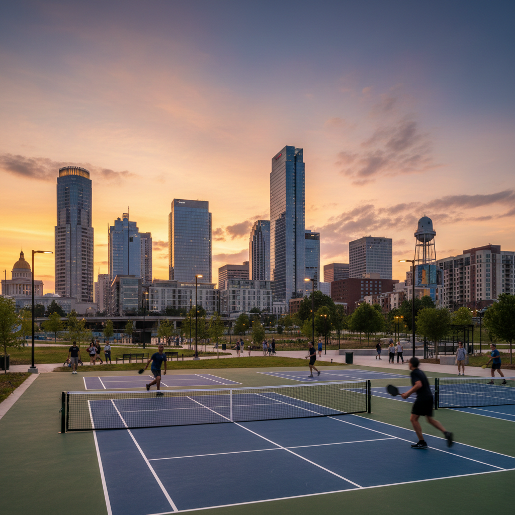 Modern cityscape showing downtown Raleigh at sunset