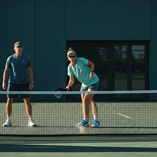 Pickleball player near kitchen line showing feet positioning